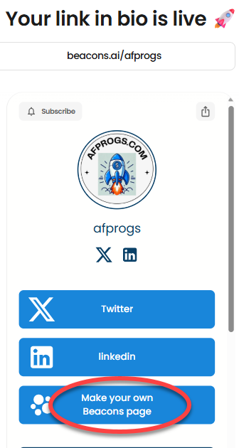 afprogs link in bio page with social buttons and signup link