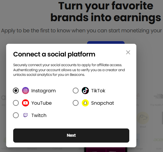 beacons affiliate application screen showing social platform options